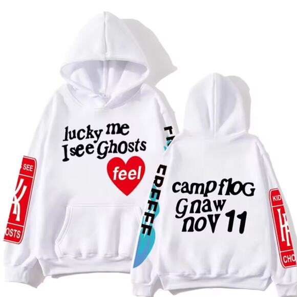 Hoodie “Lucky Me I See Ghosts"Camp Flog Gnaw Hoodie (L) White for Men & Women - Picture 1 of 3